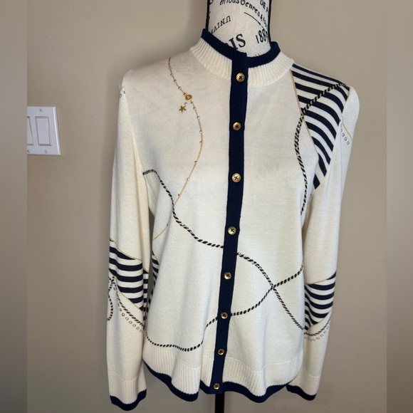 St John Sport Cream and Navy Nautical embellished Women's Cardigan - Picture 6 of 10